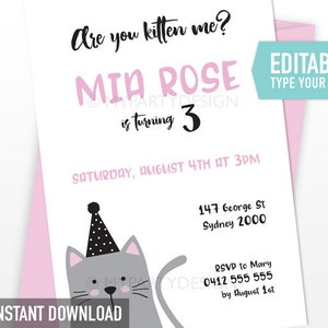 Cat Birthday Invitation, Kitty Cat Party Invite, Kitten Pawty Invitation - INSTANT DOWNLOAD - Printable PDF with Editable Text (catB)