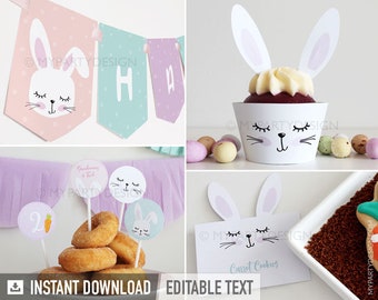 Bunny Party Decorations, Bunny Birthday, Easter Rabbit Party Pack, Little Bunny Decor Kit - INSTANT DOWNLOAD - Printable Editable PDF