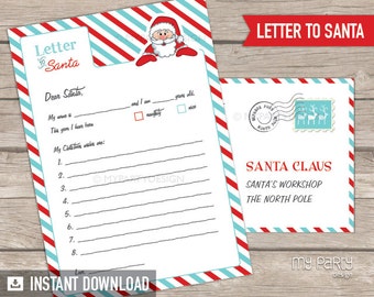 Letter to Santa kit with Envelope Template, Christmas Wishlist for Kids, Dear Santa Claus - INSTANT DOWNLOAD - Printable PDF
