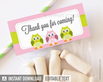 Owl Thank You Labels, Owl Baby Shower Thank You Tags, Pink Green Party - INSTANT DOWNLOAD - Printable PDF with Editable Text