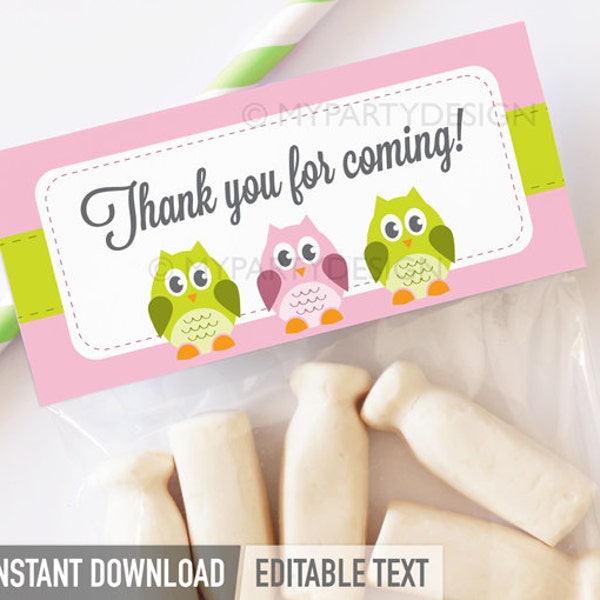 Owl Thank You Labels, Owl Baby Shower Thank You Tags, Pink Green Party - INSTANT DOWNLOAD - Printable PDF with Editable Text