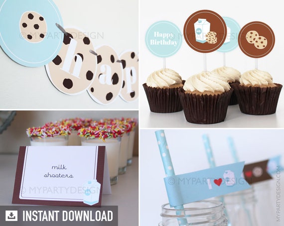 Cookies and Milk Birthday Decorations, Milk and Cookies Birthday Party Pack, First Birthday Kit - INSTANT DOWNLOAD - Printable Editable PDF Il_570xn