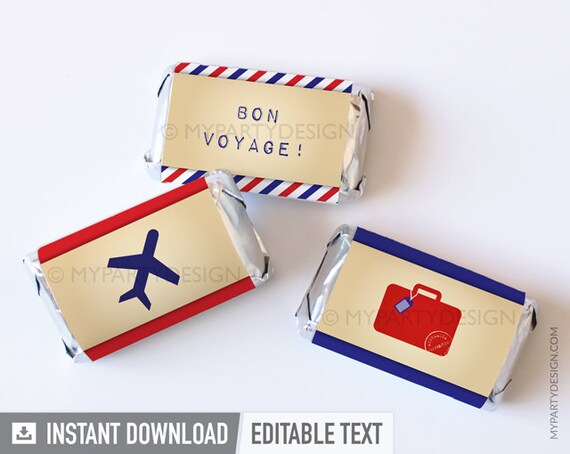Travel Party / Farewell Party - Mini Chocolate Wrappers - Vintage - INSTANT DOWNLOAD - Printable PDF with Editable Text Il_570xn