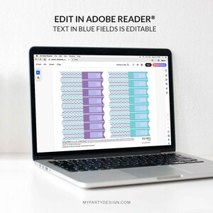 K&ouml;nnte beinhalten: Ein Laptop zeigt ein digitales Design mit editierbaren Textfeldern. Das Design zeigt blaue und lila Banner mit den W&ouml;rtern "YUM" und "EATS". Oben auf dem Bildschirm steht "EDIT IN ADOBE READER&reg; TEXT IN BLUE FIELDS IS EDITABLE".