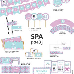 May include: A printable set of party decorations for a spa-themed party. The set includes a banner, cupcake toppers, cupcake wrappers, chocolate wrappers, mini candy wrappers, tent labels, bottle labels, and spa signs. The decorations feature a pink and blue color scheme with a spa-themed design.
