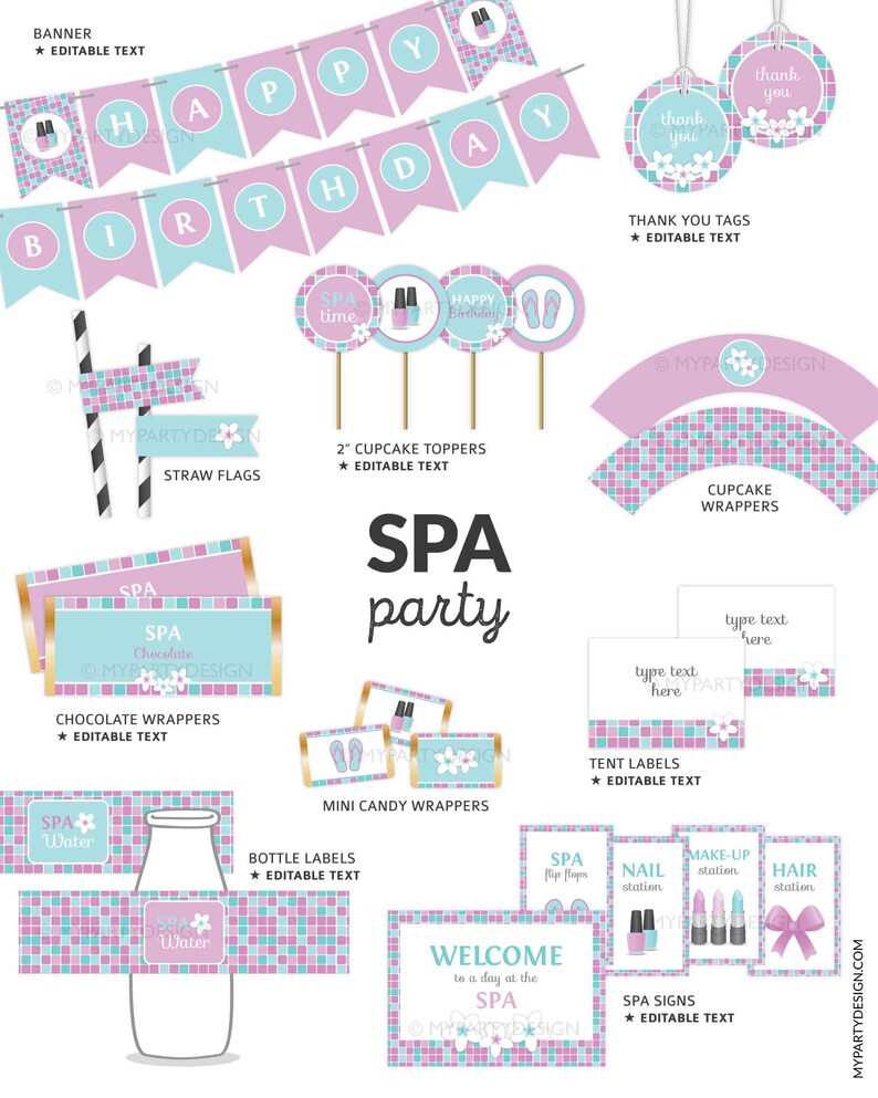 May include: A printable set of party decorations for a spa-themed party. The set includes a banner, cupcake toppers, cupcake wrappers, chocolate wrappers, mini candy wrappers, tent labels, bottle labels, and spa signs. The decorations feature a pink and blue color scheme with a spa-themed design.