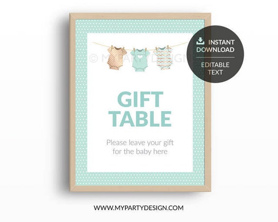 Gift Table Sign - Mint Baby Shower, bodysuit theme - Editable Sign - Mint Gold - INSTANT DOWNLOAD - Printable PDF with Editable Text Il_570xn