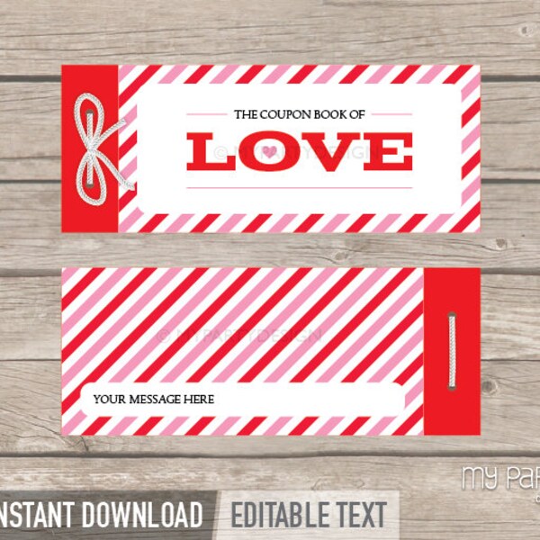 Love Coupon Book, Personalized Gift Vouchers, Naughty Coupons, Valentine's Gift for him or her - INSTANT DOWNLOAD - Printable Editable PDF