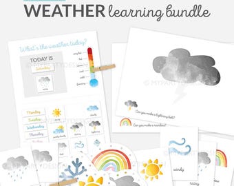 Könnte beinhalten: Druckbarer Wetter-Lern-Paket mit bunten Illustrationen von Sonne, Wolken, Regen, Blitz, Regenbogen und einem Schneeflocke. Das Paket enthält eine Wetterkarte, die Wochentage und ein Thermometer.