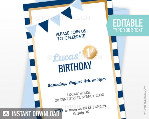 Boy Birthday Invitation, Gold Navy Stripes Party Invite, 1st Birthday or Milestone - INSTANT DOWNLOAD - Printable PDF with Editable Text Il_570xn