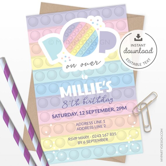 Pastel Fidget Party Invitation, Unisex Pop Birthday Invite, Tween or Teen Girl theme - INSTANT DOWNLOAD - Printable Editable PDF Il_570xn