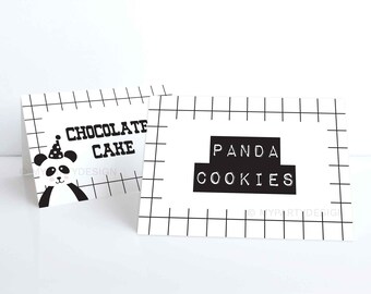 May include: Two black and white printable food labels with a grid pattern. The first label features a panda wearing a party hat and the text "Chocolate Cake". The second label features the text "Panda Cookies".