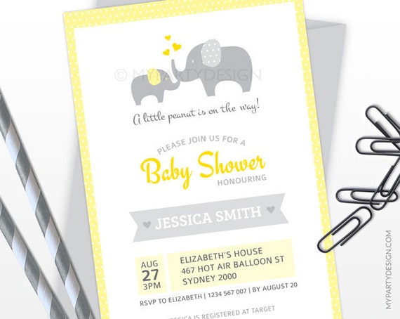 Yellow /& Grey Elephant Gender Neutral Baby Shower Invitation Editable PDF