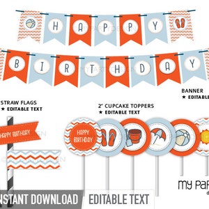 May include: Printable party decorations for a summer birthday party. The set includes a banner with the text "Happy Birthday", straw flags with the text "Happy Birthday", and cupcake toppers with various summer-themed icons. The colors are blue, orange, and white.