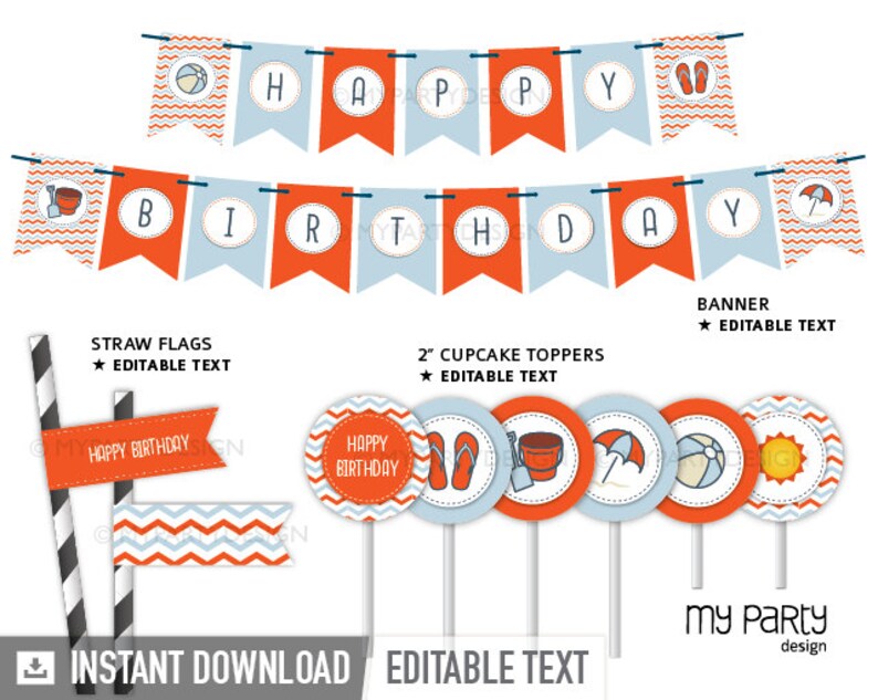 May include: Printable party decorations for a summer birthday party. The set includes a banner with the text "Happy Birthday", straw flags with the text "Happy Birthday", and cupcake toppers with various summer-themed icons. The colors are blue, orange, and white.