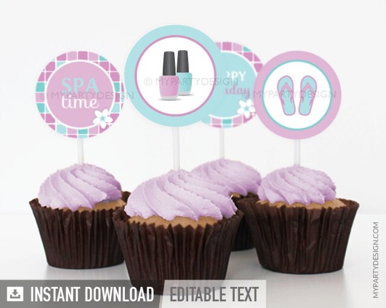 Spa Cupcake Toppers, Spa Party Printables, Spa Birthday Decorations INSTANT DOWNLOAD Printable PDF with Editable Text image 1