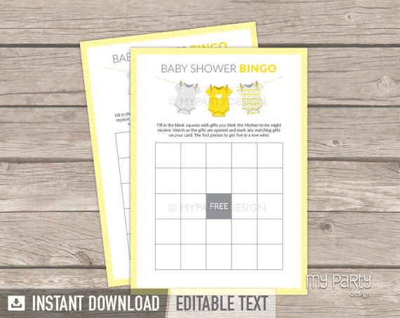Baby Shower Bingo - Yellow Baby Shower, bodysuit theme - BabyShower Game - INSTANT DOWNLOAD - Printable PDF with Editable Text Il_570xn