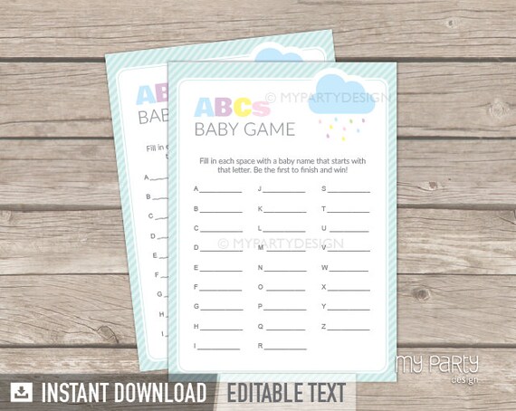 Baby ABCs Game Card - Cloud Baby Shower Game - Baby Sprinkle - Gender Neutral - INSTANT DOWNLOAD - Printable PDF with Editable Text Il_570xn