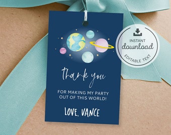 First Trip around the Sun Birthday Favor Tags, Space Thank you Labels, Outer Space Party Decor - INSTANT DOWNLOAD - Printable Editable PDF