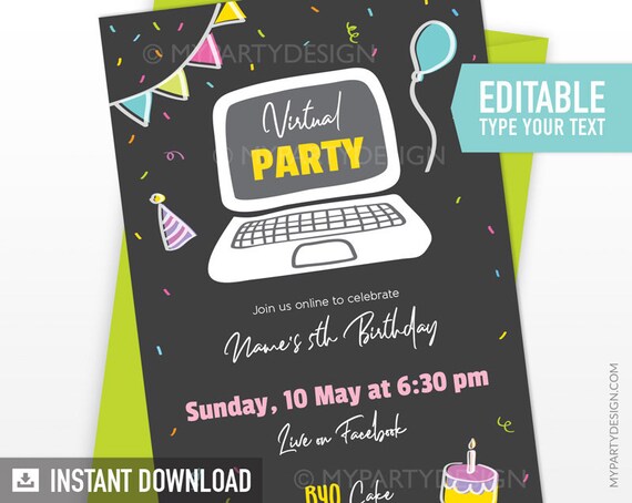 Lockdown Birthday Invitation, Virtual Party Invite, Quarantine Party, Zoom Birthday - INSTANT DOWNLOAD - Printable Editable PDF (vpA) Il_570xn