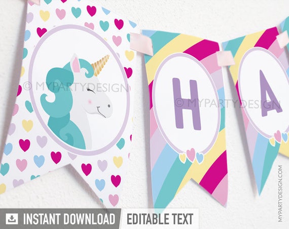 unicorn birthday banner unicorn party decorations rainbow party bunting instant download printable pdf with editable text by my party design catch my party