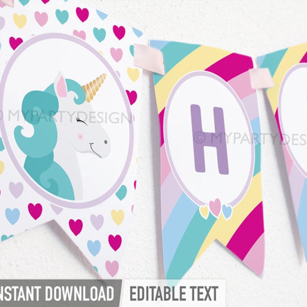 Unicorn Birthday Banner, Unicorn Party Decorations, Rainbow Party Bunting - INSTANT DOWNLOAD - Printable PDF with Editable Text