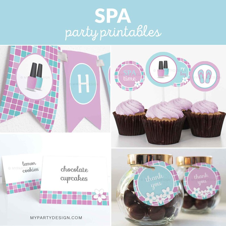 May include: Printable party decorations for a spa-themed party. The set includes a banner with the letter H, cupcake toppers with the text "SPA time", favor tags with the text "thank you", and a sign that says "lemon cookies" and "chocolate cupcakes".