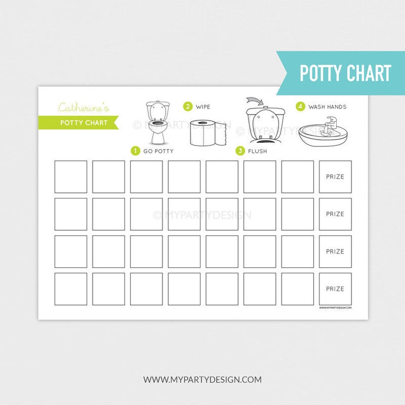 May include: A white potty chart with a green banner that says "Catherine's Potty Chart". The chart has illustrations of a toilet, toilet paper, flushing, and washing hands. It includes boxes for tracking progress and the word "PRIZE".