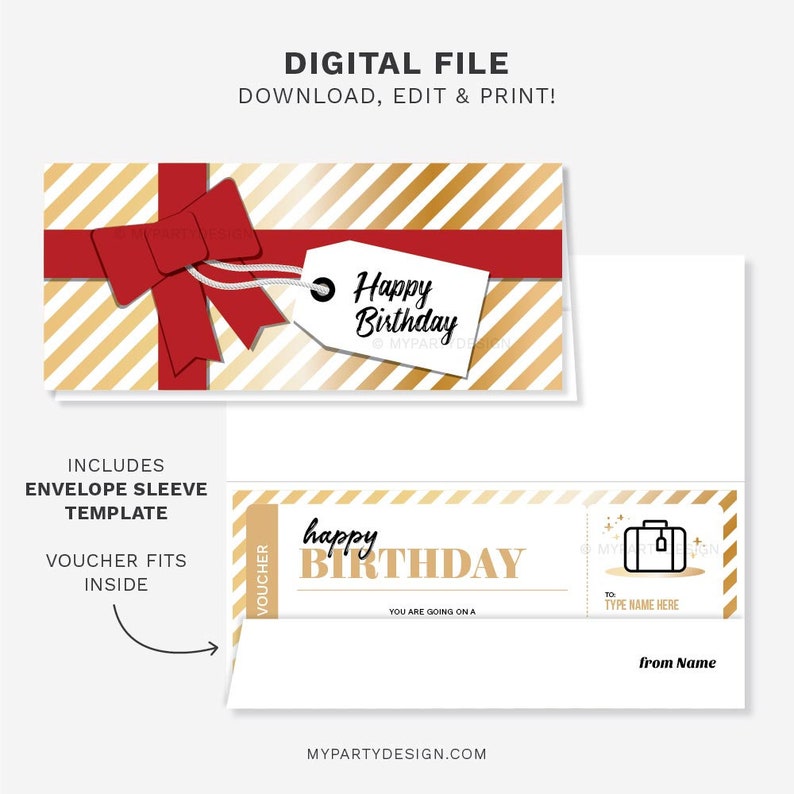 May include: A printable birthday voucher template with a gold and white striped background. The voucher says "Happy Birthday" and "You are going on a..." with a suitcase icon. The voucher is designed to fit inside a gold and red envelope sleeve.