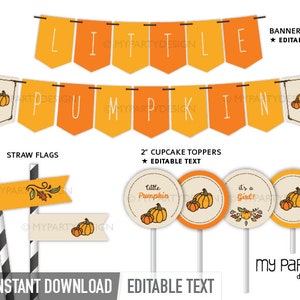 K&ouml;nnte beinhalten: Ein herbstliches Party-Dekorationsset mit Bannern, Strohhalmflaggen und Cupcake-Toppern. Die Banner zeigen "Little Pumpkin" in wei&szlig;en Buchstaben auf orangefarbenen und cremefarbenen Wimpeln. Die Cupcake-Topper haben K&uuml;rbis-Illustrationen.