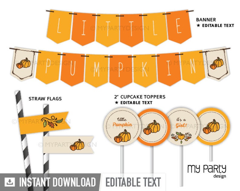 K&ouml;nnte beinhalten: Ein herbstliches Party-Dekorationsset mit Bannern, Strohhalmflaggen und Cupcake-Toppern. Die Banner zeigen "Little Pumpkin" in wei&szlig;en Buchstaben auf orangefarbenen und cremefarbenen Wimpeln. Die Cupcake-Topper haben K&uuml;rbis-Illustrationen.