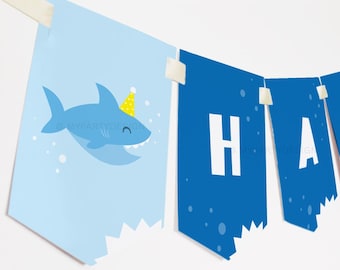 Shark Birthday Banner, Shark Party Happy Birthday Bunting, Under the Sea Party Decorations - INSTANT DOWNLOAD - Printable Editable PDF