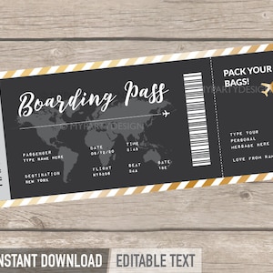 Bon de voyage, modèle de carte d'embarquement, faux billet d'avion cadeau, carte d'embarquement imprimable, vol surprise - TÉLÉCHARGEMENT IMMÉDIAT - PDF modifiable
