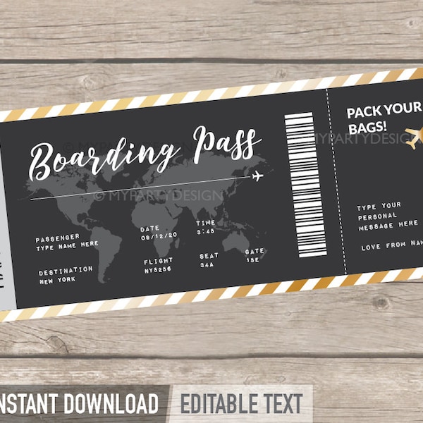 Travel Voucher, Boarding Pass Template, Fake Plane Ticket Gift, Printable Boarding Pass, Surprise Flight - INSTANT DOWNLOAD - Editable PDF