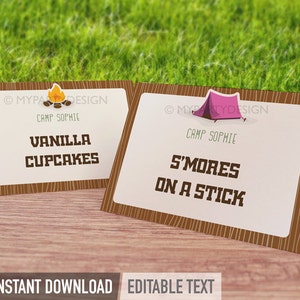 Étiquettes de nourriture de camping, cartes de tente de fête de camping, soirée pyjama pour filles au camping, glamping - TÉLÉCHARGEMENT IMMÉDIAT - PDF imprimable avec texte modifiable