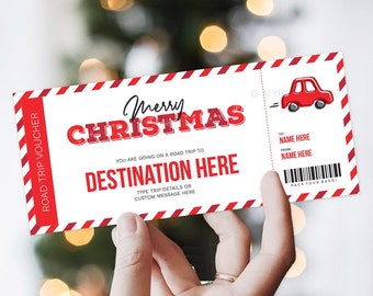 May include: A Christmas road trip voucher with a red and white striped border. The voucher reads "Merry Christmas" and "Destination Here." A red car graphic is on the right side. The voucher includes fields for "To" and "From" and a barcode.
