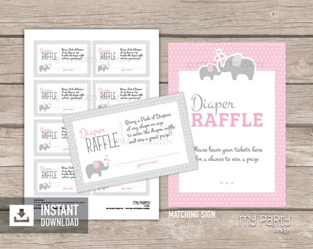 Elephant Diaper Raffle Tickets and Sign, Elephant Baby Shower Game ...