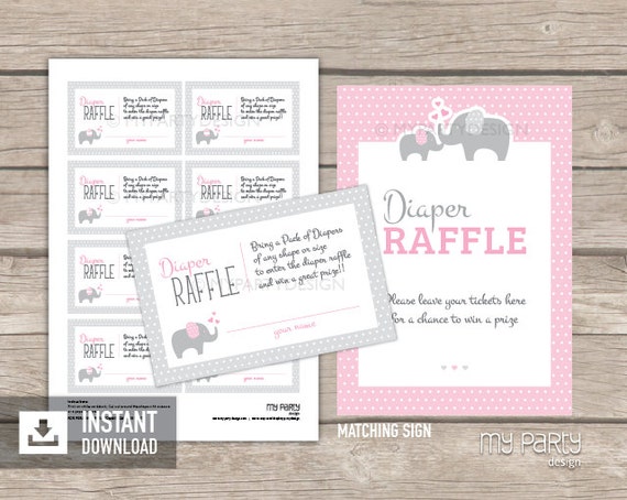 Elephant Diaper Raffle Tickets and Sign - Elephant Baby Shower Game - Girl Pink - INSTANT DOWNLOAD - Printable PDF Il_570xn