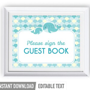 Guest book Sign, Whale Baby Shower Sign, Boy Turquoise, Whale Party INSTANT DOWNLOAD Printable PDF with Editable Text image 2