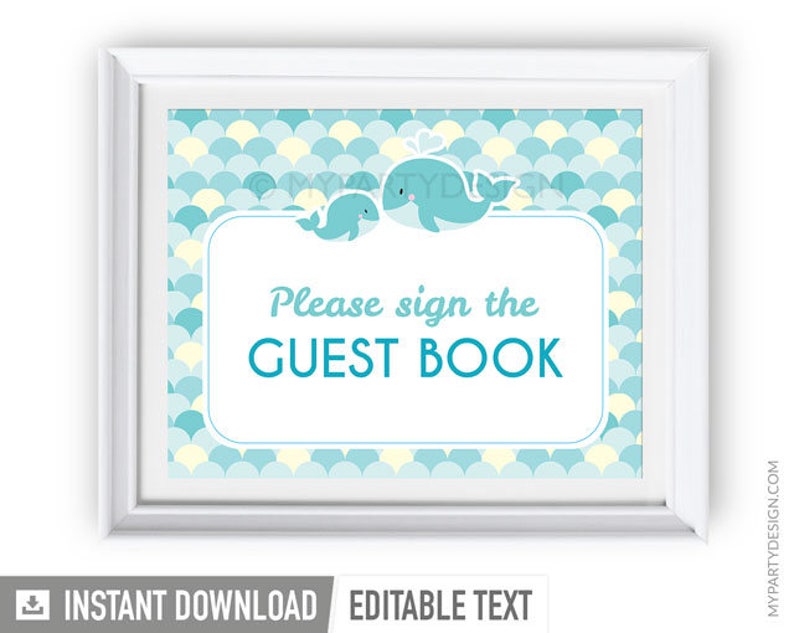 Guest book Sign, Whale Baby Shower Sign, Boy Turquoise, Whale Party INSTANT DOWNLOAD Printable PDF with Editable Text image 2