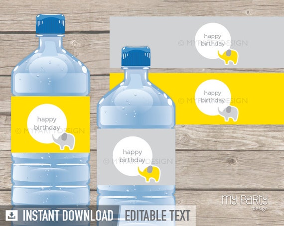 Elephant Party - Bottle Labels - Grey and Yellow - INSTANT DOWNLOAD - Printable PDF with Editable Text Il_570xn