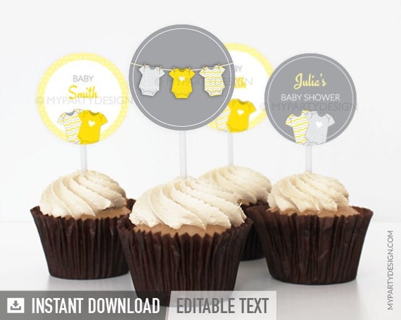 Yellow Baby Shower Cupcake Toppers, Gender Neutral Baby Shower, bodysuit theme - INSTANT DOWNLOAD - Printable PDF with Editable Text Il_570xn