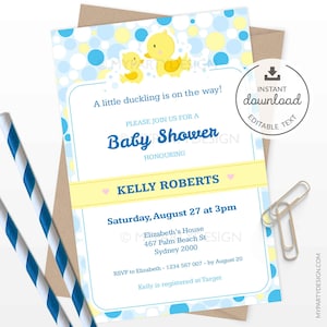 Rubber Duck Baby Shower Invitation, Gender Neutral Rubber Ducky Shower Party Invite - INSTANT DOWNLOAD - Printable PDF with Editable Text