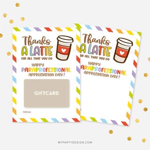 Porta-cartão-presente para o Dia de Apreciação dos Paraprofissionais para Auxiliares de Professores, Vale-presente para Café com Leite Thanks a Latte - DOWNLOAD INSTANTÂNEO - PDF para impressão