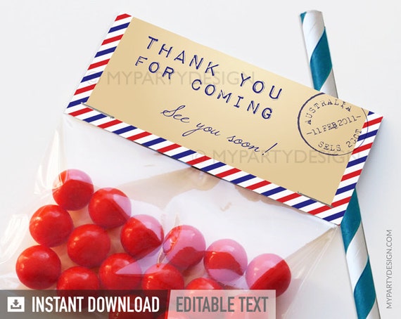 Travel Party / Farewell Party - Thank you Labels / Treat bag Labels - INSTANT DOWNLOAD - Printable PDF with Editable Text Il_570xn