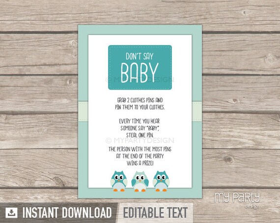 Don't say Baby Sign - Owl Baby Shower Game - Mint Teal - INSTANT DOWNLOAD - Printable PDF with Editable Text Il_570xn