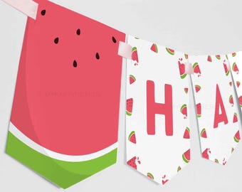 Bannière d'anniversaire pastèque, banderole de premier anniversaire un sur un melon, décoration de fruits d'été - TÉLÉCHARGEMENT IMMÉDIAT - PDF modifiable imprimable