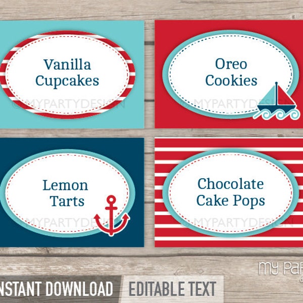 Nautical Food Labels, Nautical Birthday Party Tent Cards, Boat Party Place Cards - INSTANT DOWNLOAD - Printable PDF with Editable Text