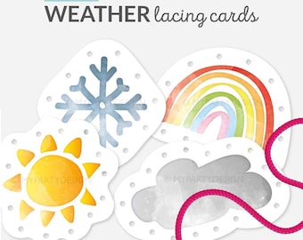 Tarjetas imprimibles para enhebrar y tejer con el clima, para aprender el clima, Montessori para niños pequeños en casa - DESCARGA INSTANTÁNEA - PDF imprimible