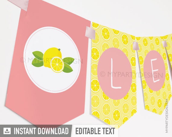 Lemonade Birthday Banner, Lemon Party Decorations for Girl, Lemonade Stand - INSTANT DOWNLOAD - Printable PDF with Editable Text Il_570xn